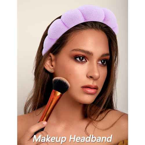 VELSCRUN Spa Headbands for Wash Face, Makeup Headband, Facial Skincare Headbands, 5 Pcs Purple Puffy Sponge Spa Headband Bow Tie Hair Band Hair Clips Wristband Set Women Girls Accessories