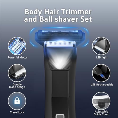 Body Trimmer for Men, Groin & Body Hair Trimmer, Ball Foil Shaver, Nose Hair Clippers, 3 in 1 Men's Waterproof Wet/Dry Groomer with Travel Case &Travel Lock, LED Display, Black