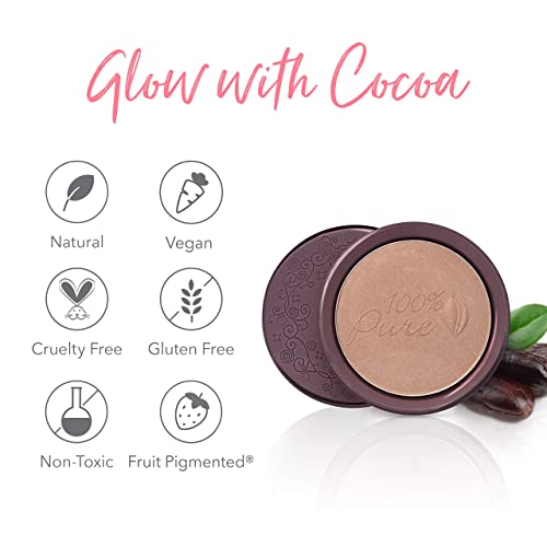100% PURE Cocoa Pigmented Bronzer, Cocoa Kissed, Bronzer Powder for Face, Contour Makeup, Soft Shimmer, Sun Kissed Glow (Medium Brown w/Neutral Undertones) - 0.32 Oz