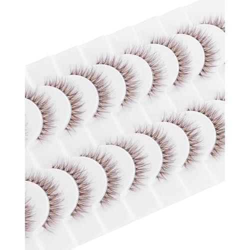 outopen 10 Pairs Brown Lashes Natural Look Cat Eye Brown Eyelashes Wispy Clear Band Eye Lash Short Fake Eyelash