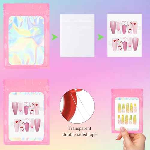 Qenk 100PCS Empty Holographic Nail Storage Bag Press on Nail Packaging Bag and 100PCS Shiny white cardboard Nail Tips Packaging Bags with 1 Roll Transparent Tape (Pink)