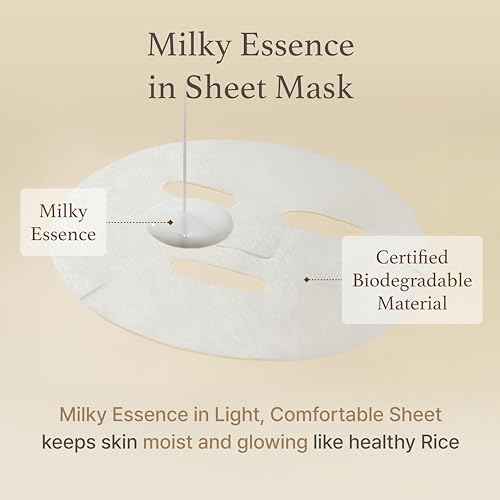 I'm from Rice Sheet Mask Pack of 5, Korean Rice Face Mask, Creamy Hydration for Dry, Combination Skin, Moist, Milky Essence, Biodegradable, Vegan, Hypoallergenic, 20ml