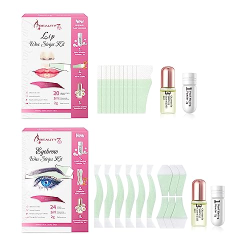 Beauty7 Wax Strips Kit, 2 SETS IN ONE PACKAGE. Eyebrow & Lip Facial Hair Removal with Pearl Powder Essential Oil for All Skin Types Women