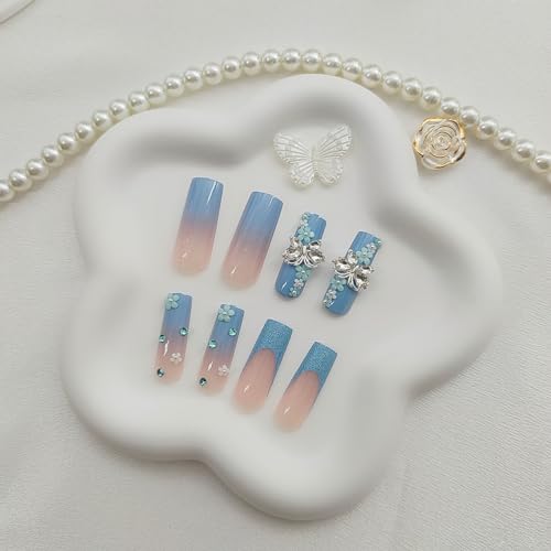 Press on Nails Long Square Fake Nails with 3D Butterfly Rhinestones & Flower Charms Designs Glitter French Tip Nails Press ons Glossy Glue on Nails Blue Gradient Stick on Nails for Women 24Pcs