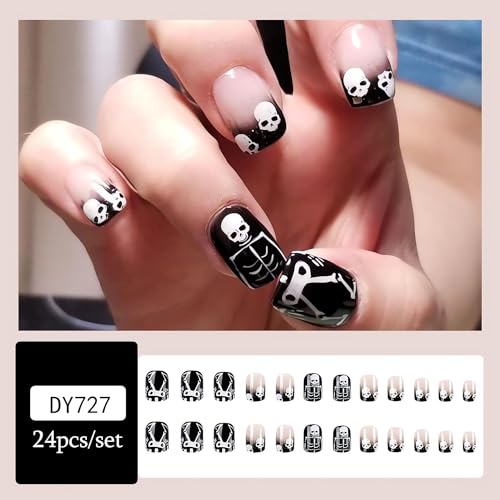 Halloween Short Press on Nails Black Skull Fake Nails Full Cover Glue on Nails with Design Glossy Square Shape Halloween False Nail Tips Reusable Halloween Short Square Nails for Women Manicure 24Pcs