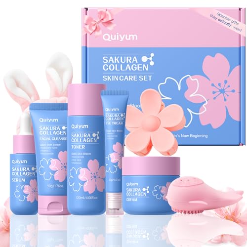 Sakura Collagen Skincare Set - 8-Piece Glass Skin Routine with Cleanser, Toner, Serum, Eye Cream, Moisturizer | Hydration, Firm, Glow for All Skin Types, Skin Care Gift Sets, for Mother's day
