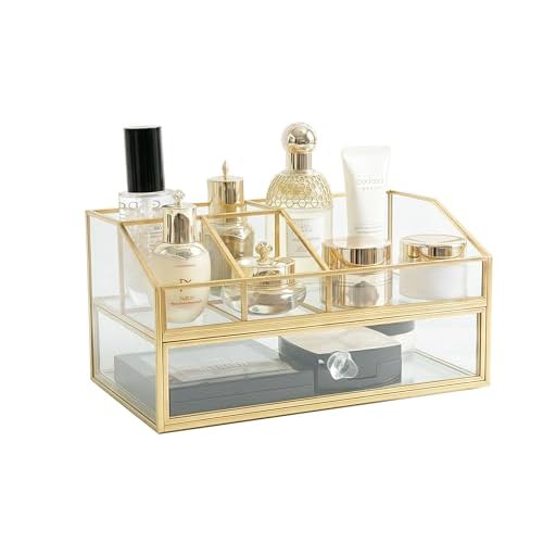 JIARI Glass Makeup Organizer with Drawer, Gold Frame Jewelry Display Box, Nordic Style Cosmetic Storage for Vanity Bathroom Bedroom Office, 9.44x5.43x4.92 Inches (Storage Box-2 Tier)