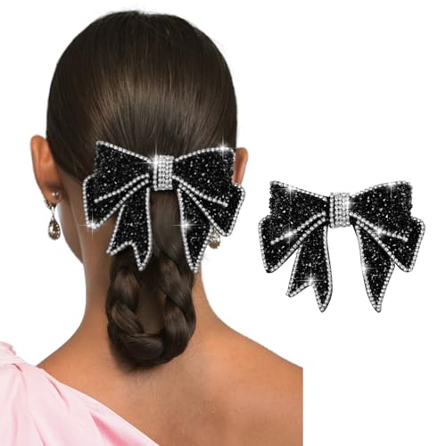 Black Rhinestone Bow Hair Clip - Elegant French Flat Clip - Black Hair Bow for Women Gift