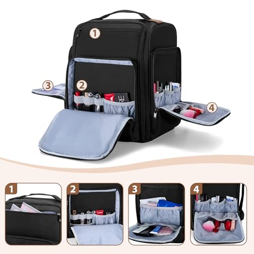 BAFASO Makeup Backpack with 4 Removable Pouches & 1 Brush Bag, Travel Makeup Case with Multiple Storage Spaces for Hair Supplies, Black