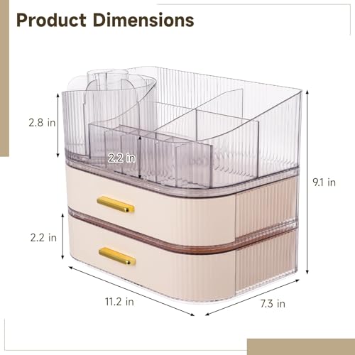 3 Tiers Makeup Organizer with Drawers, Makeup Holder 360¡Æ Rotating Brush Holder, Large Capacity Cosmetic Storage with Clear Top Slots, Vanity Organizer for Skincare Perfume Lipstick Jewelry