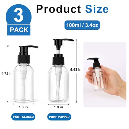 3 Pack Refillable 3.4oz (100ml) Clear Pump Lotion Bottles - Leakproof Dispensers for Home & Travel