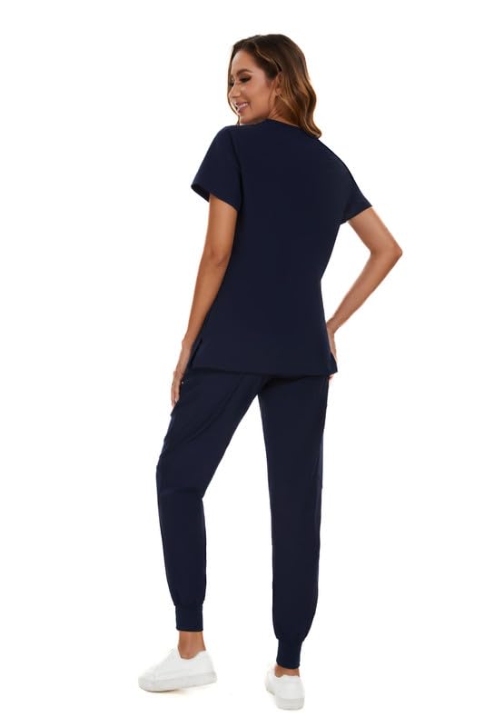 COZYFIT Scrubs for Women Set - Stretch V-Neck Scrub Top & Jogger Pant with 8 Pockets, Yoga Waistband, Anti Wrinkle, Slim Fit Women Scrubs - Navy Blue, XS