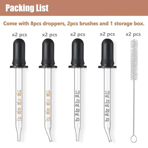 10Pcs 1ML Glass Eye Dropper Set with Storage Case & Cleaning Brushes - Accurate, Leak-Proof
