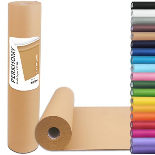 PerkHomy Brown Kraft Paper Roll 17.5" x 1,200" (100') for Gift Wrapping Bulletin Board Kids Craft Art Bouquet Flower Packing Moving Shipping Floor Covering Table 70GSM 50LB (Brown, 17.5" x 100')