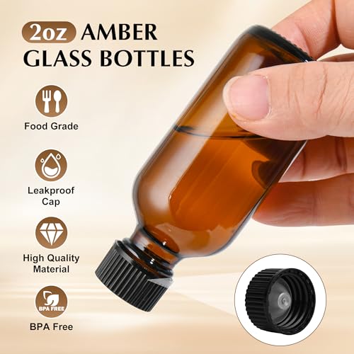 Small Glass Bottles with Lids Boston Round Shot Bottles for Health, Immunity, Ginger Juice, Essential Oils, Potion - Leak Proof Mini Travel Containers (Amber UV, 2oz-24Pack)