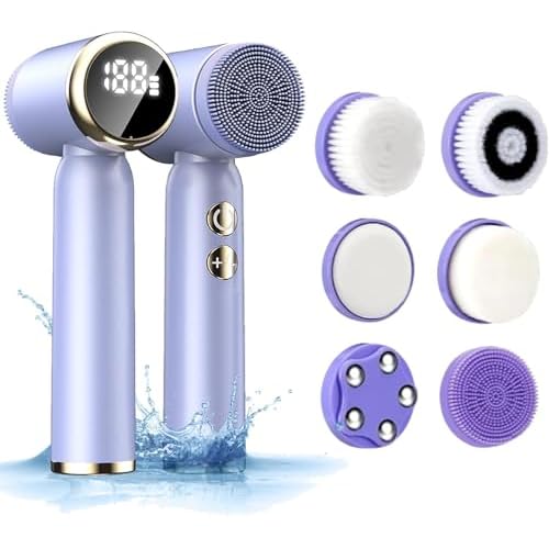 6-in-1 Facial Cleansing Brush Electric Face Scrubber ? 3-Speed Waterproof Spin Brush with 6 Replacement Heads, Rechargeable Deep Pore Cleanser for Dry, Oily & Sensitive Skin (Purple)
