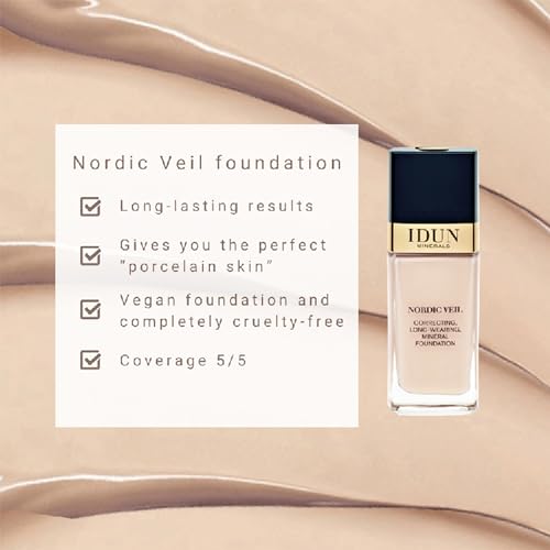 IDUN Minerals Nordic Veil Foundation - Full and Poreless Coverage, Long Lasting, Soft Matte Finish - Purified and Safe for Sensitive Skin - 314 Ylva - Medium Dark Neutral - 0.88 oz