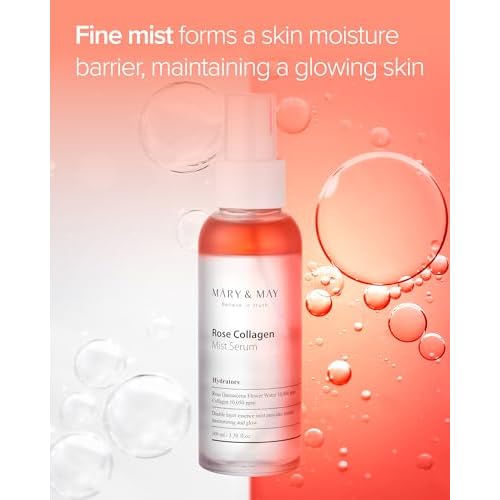 Mary&May Rose Collagen Mist Serum - Double Layer Essence Face Spray - Instant Hydration, Radiance, Anti-Aging and Glowing Skin with Damask Rose Water and Plant-Based Oils, 3.38 fl.oz.
