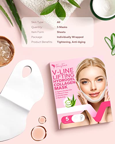 FairyFace V Line Lifting Mask, 5 Count Double Chin Reducer, Lifting Hydrogel Collagen Mask with Aloe Vera and Seaweed, Hydrating and Anti-aging, Creating a V-shaped Face Full of Vitality