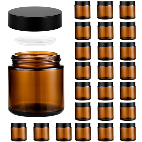 4 oz Reusable Amber Glass Container Jars 24 Pack with Wide-mouth Leak Proof Cap and Inner Pull-On Lid for Travel Storage Makeup, Face Creams, Body Lotions, DIY Crafts or Others