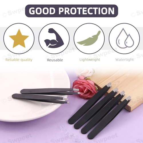 Swpeet 12Pcs 3.79 Inches Black Eyebrow Tweezers Stainless Steel Slant Tip Tweezers Kit, Professional Eyebrow Facial and Hair Remover, Slant Pointed Precision Tweezers Fits for Men and Women