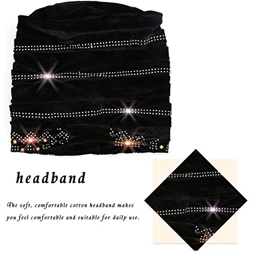 Bohend Vintage Rhinestone Turban Sleep Headwrap Wide Sparkly Sleep Turban Headband Crystal Muslim Hat Headwear Beanie Pre-Tied Bonnet Velvet Hat Cap Hair Wrap for Women and Girls (Black)