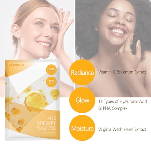 Elensilia Age Balance Mask ? Hydrating & Smoothing Korean Sheet Mask with Skin-Fitting Design ? 25 Sheets (25ml / 0.84 fl oz each) (Vita Glutathione)