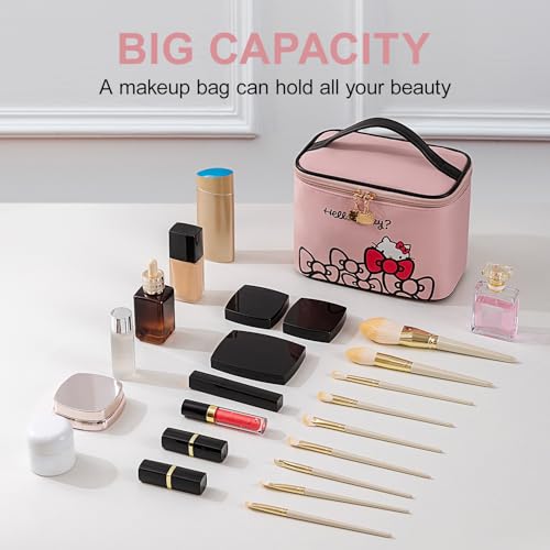 Vimanllie Travel Makeup Bag Large Cosmetic Bags with Brush Holder,Pink Waterproof 3PCS Portable Cosmetic Case for Women,Toiletry Bag for Skincare&Beauty Tools for Her