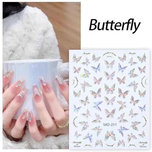 Butterfly Nail Art Stickers 3D Self-Adhesive Aurora Butterfly Nail Decals Blue Purple Pink Shining Glitter Butterfly Nail Art Design Supplies Manicure Sticker for Women Nails DIY Decorations 5 Sheets