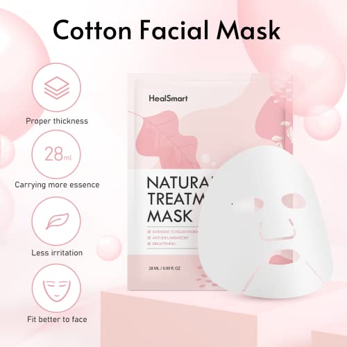 HealSmart Facial Mask, Intensive 72 Hour Deep Hydrating & Instant Brightening Face Sheet, Improve Skin Clarity and Radiance, for All Men Women Skin Types, High Capacity of 28ml/0.99oz (5 Pack)