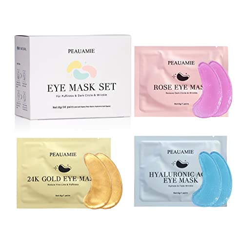 PEAUAMIE Under Eye Patches (30 Pairs) Gold Eye Mask and Hyaluronic Acid Eye Patches for puffy eyes,Rose Eye Masks for Dark Circles and Puffiness under eye skin care Smooth Wrinkles products