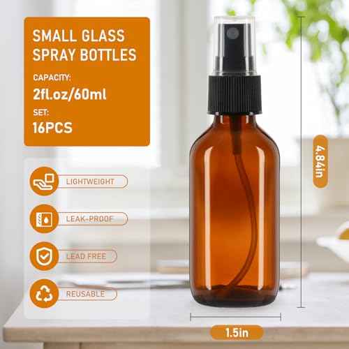 60ml Glass Spray Bottles with Fine Mist Sprayer 16Pack, Small Amber Glass Spray Bottles 2 oz for Perfumes,Cleaning Products,Pet Spray (2fl.oz, Set of 16)