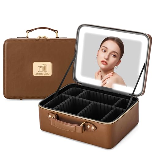 Makeup Bag with LED Mirror & Magnifier, Large Cosmetic Organizer Travel Makeup Case with Adjustable Brightness & 6 Detachable Dividers, Portable Makeup Storage for Women Girls (Brown)