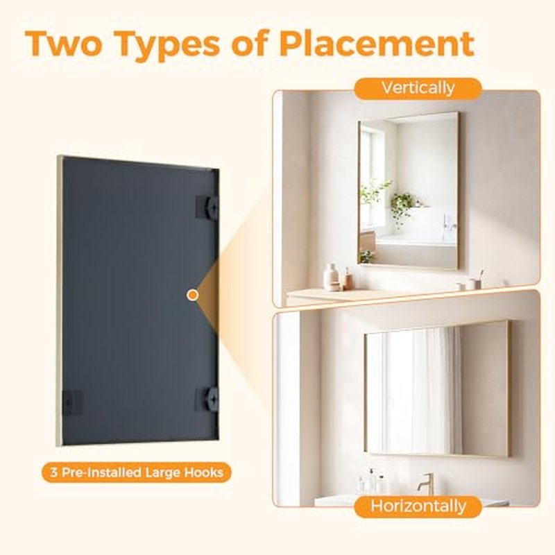 30" x 36" Gold Rectangle Bathroom Mirror with Tempered Glass