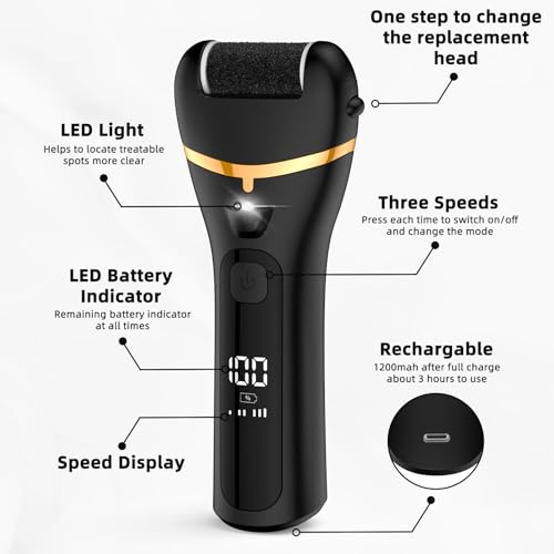 Rechargeable Electric Callus Remover for Feet with 3 Replacement Rollers and LED Light