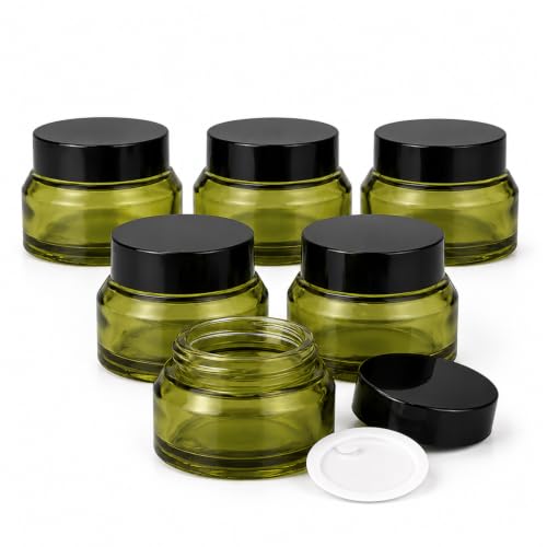 6 Pack Refillable 1oz Green Glass Cosmetic Jars with Lids - Makeup & Skincare Containers