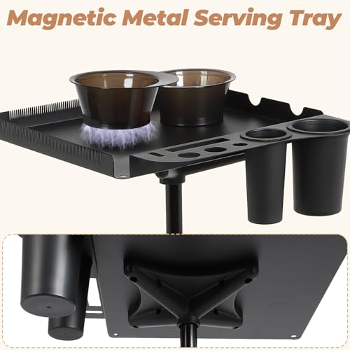 Salon Tray Cart with Storage Platform, 2 Magnetic Bowls Tattoo Tray with Wheels Trolley, Adjustable Height Salon Tray Equipment, Hairstylist Holder and Hair Separator Stand for Salon & Spa Use, Black