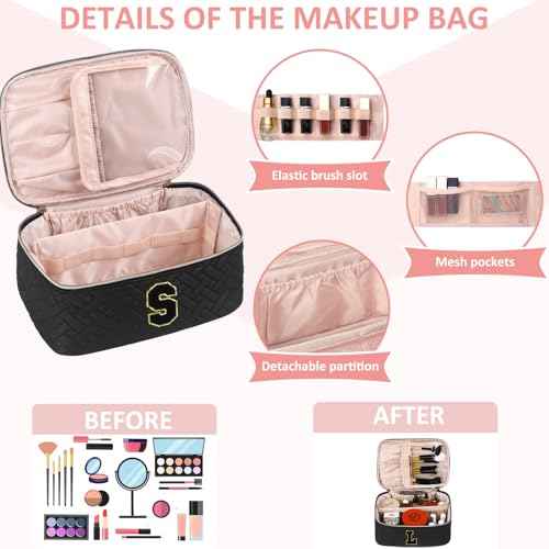 Gifts Initial Makeup Organizer Bag for Girls, Chenille Letter Personalized Cosmetic Bag with Zipper | Preppy Quilted Portable Makeup Pouch Teen Birthday Gifts Trendy for Women Friend (A)