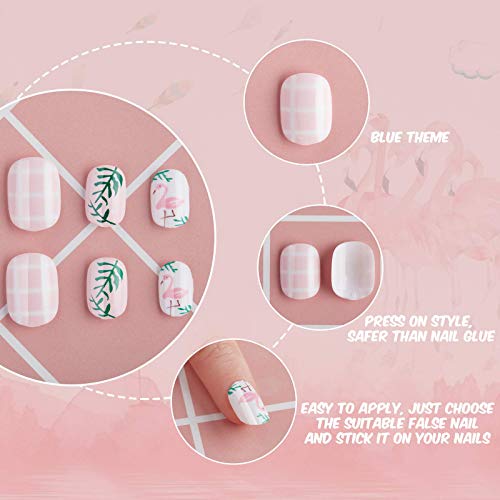 120 Pieces Kids Press on Nails Children Fake Nails Artificial Nails Girls Full Cover Short False Fingernails for Girls Kids Nail Design Decoration (Flamingo Themed)