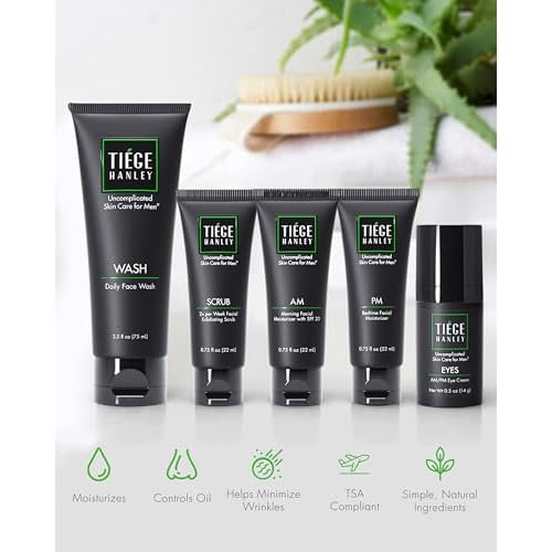 Tiege Hanley Skin Care Set for Men, Advanced Routine, System Level 2, Daily Face Wash, Facial Scrub, Two Moisturizers, and Eye Cream for Healthy, Hydrated Skin, Men¡¯s Skin Care, 5 Piece Kit