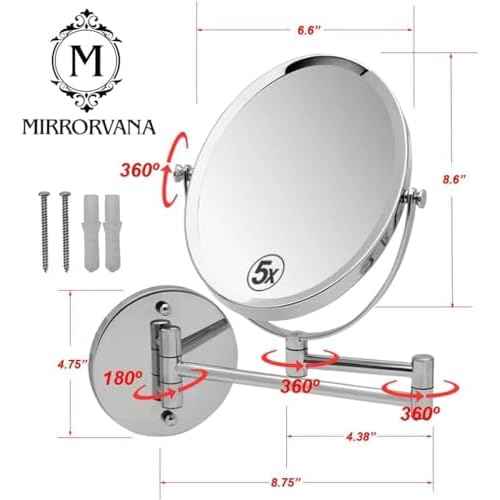 Wall Mounted Bathroom Makeup & Shaving Mirror, Double Sided 5X & 1X Magnification, 13-Inch Extension Swivel Arm, Oval 6.6" x 8.6" Glass Area, Chrome