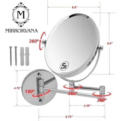 Wall Mounted Bathroom Makeup & Shaving Mirror, Double Sided 5X & 1X Magnification, 13-Inch Extension Swivel Arm, Oval 6.6" x 8.6" Glass Area, Chrome
