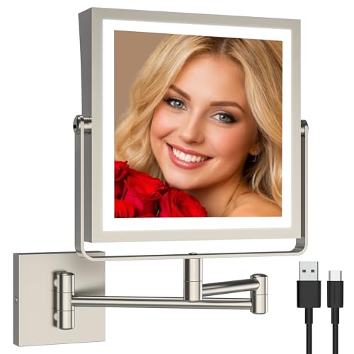Ruacq Rechargeable Wall Mounted Makeup Mirror with Lights, Double Sided 1X/10X Magnifying Vanity Mirror with 3 Color Light, Touch Screen Dimmable, 360¡Æ Rotation Extension Foldable Arm(Brushed Nickel)