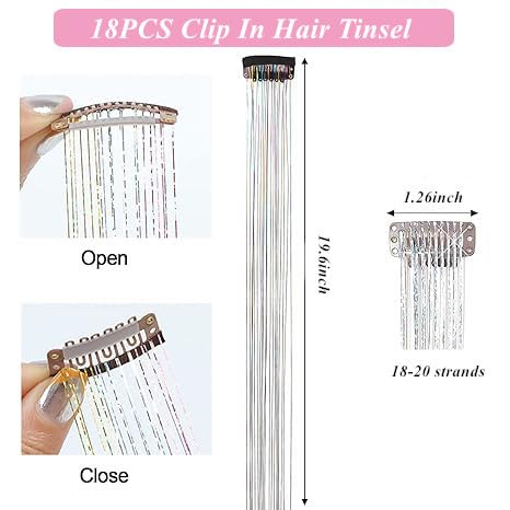 Pink Hair Tinsel Clip-In Extensions Kit - 18 Pieces, Fairy Style