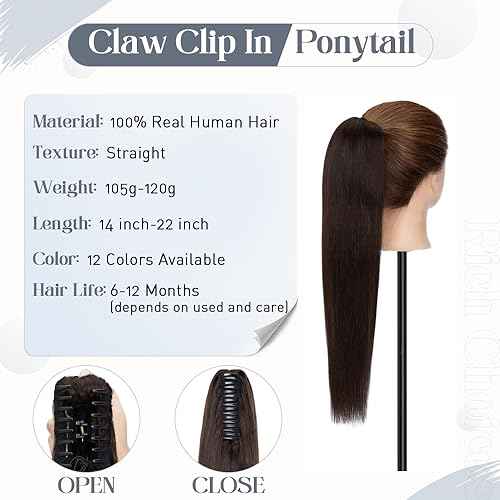Rich Choices Claw Clip Ponytail Extension Human Hair #2 Dark Brown Real Hair Ponytail Extension Balayage 14 Inch Clip In Long Ponytail Hair Extensions Straight For Women 105g One Piece