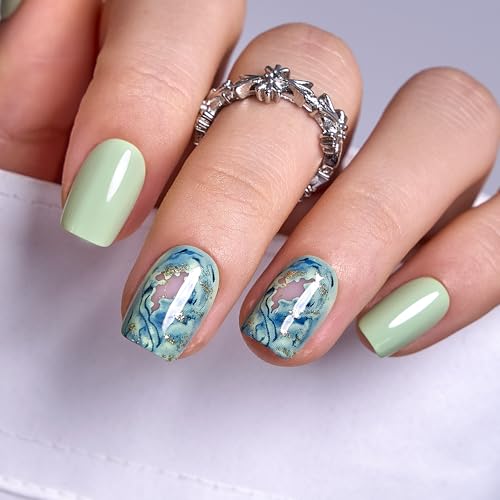 CurvLife Short Square Marble Press-On Nails Aqua Dream Blue Soft Gel
