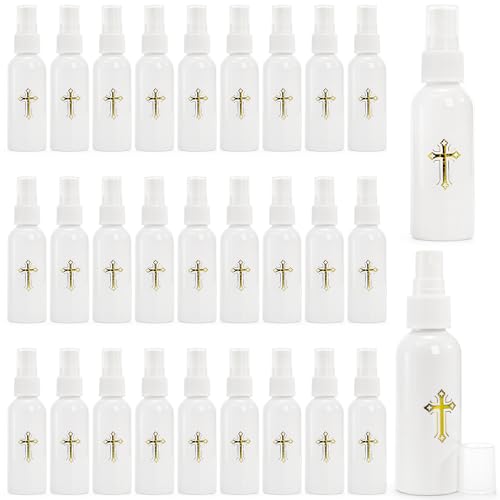 Hiceeden 30 Pcs 60ML Spray Bottles with Gold Cross Pattern, Empty Plastic Catholic Water Container, Portable Water Bottles for Halloween Easter Party, White (2oz)