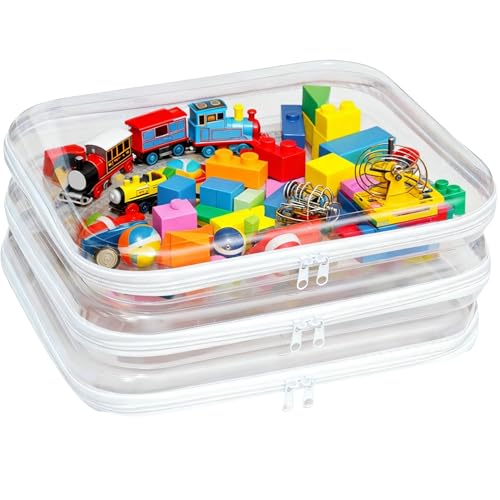 3PCS Clear Hard Plastic Zipper Case, Double Zippers Hard Pouch, Portable Travel Organizer Bin Clear Makeup Bag for Toy Storage, Snack Bag, Cosmetics, Pencil Case, Diaper Bag, Toiletry Bag (3PCS-L)