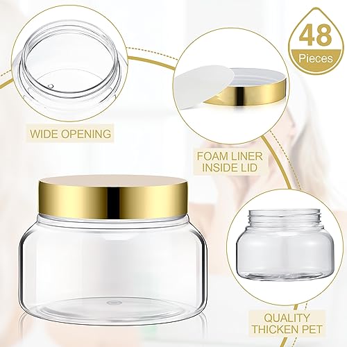 Mumufy 48x 8oz Clear Plastic Cosmetic Jars with Gold Lids, Refillable