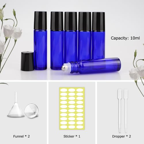 Blue 10ml Glass Roller Bottles for Essential Oils - 25 Pack with Accessories